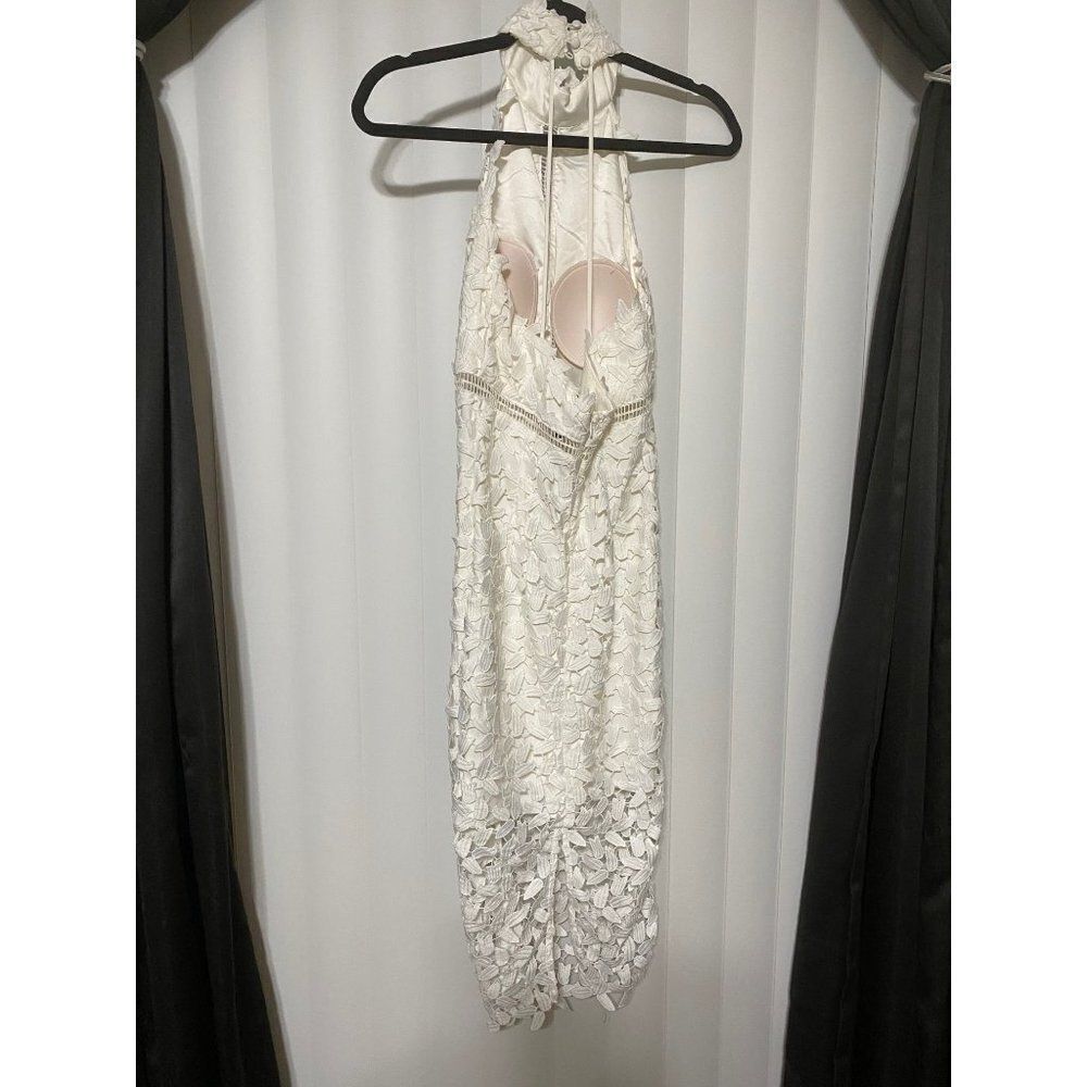 Bardot Gemma White Lace Halter Sheath Dress, high neck,sheer leaf-patterned lace - Picture 7 of 9
